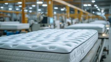 Production line showcasing multiple mattresses in a bright factory setting during daytime photo