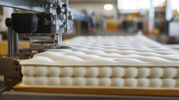 Manufacturing process of mattress production inside a factory during daylight hours photo