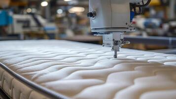Sewing machine stitching a mattress in a manufacturing facility during daytime hours photo