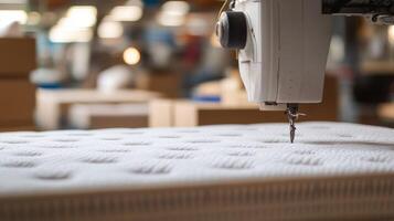 Sewing machine in a factory working on a mattress production line during day shift photo