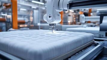 Advanced manufacturing technology utilized in mattress production during daytime in an automated factory setting photo