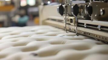 Mattress manufacturing process in a factory showcasing stitching details and machinery at work photo