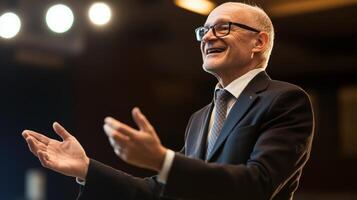 Business leader engaging with audience during conference presentation in a well-lit venue photo