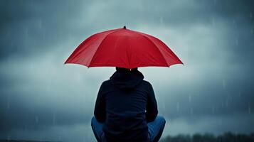 Person sitting under a red umbrella watching the rain in a cloudy, moody landscape photo