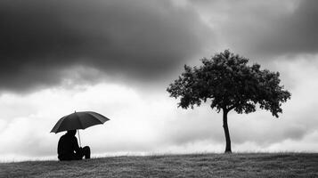 Person with umbrella sitting on hill under cloudy sky near lonely tree in a serene landscape photo