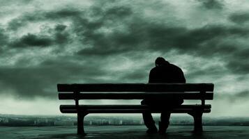 Man sitting alone on a bench under a dramatic sky in an urban area during twilight hours photo