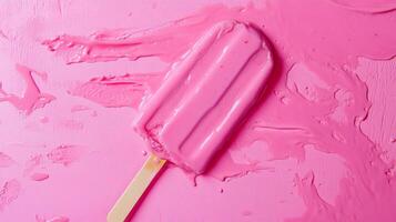 Bright pink frozen treat melting on a colorful surface, perfect for summer enjoyment and sweet indulgence photo