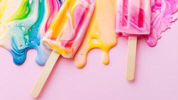 Colorful ice pops melting on a pink background depict a vibrant summer treat enjoyed during a sunny day photo