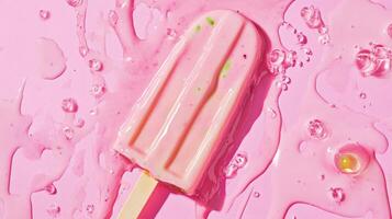 Delicious pink popsicle melting on a vibrant pink surface with water droplets under bright light photo