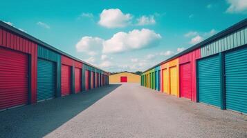 Colorful storage units line a sunny pathway in a vibrant outdoor facility on a clear day photo
