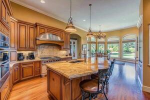 Elegant kitchen featuring custom wood cabinets and spacious layout with large windows overlooking the garden photo