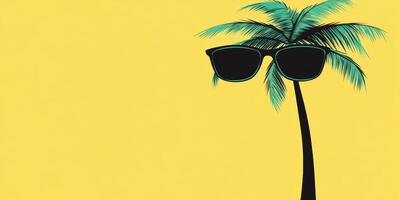 Bright yellow background with a palm tree wearing stylish sunglasses creates a cheerful summer vibe photo