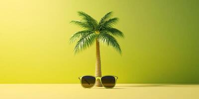 Stylish sunglasses lying below a vibrant palm tree against a gradient background in a tropical setting photo