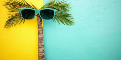 Bright and colorful tropical setting with a palm tree and oversized sunglasses in vibrant yellow and blue background photo