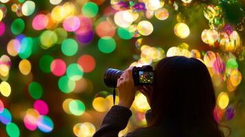 Capturing the magic of holiday lights with a camera during nighttime festivities photo