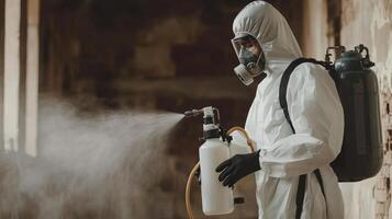 Person in protective gear sprays disinfectant in an abandoned building during a sanitization effort at midday photo