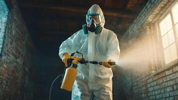 Professional cleaner sanitizes a dimly lit room using a high-pressure spray device for surface disinfection photo