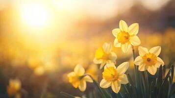 Beautiful yellow daffodils bloom under warm sunlight in a spring garden at sunrise depicting nature's vibrant colors photo