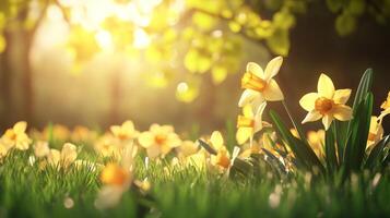 Bright spring morning with blooming yellow daffodils surrounded by lush greenery in a tranquil garden setting photo