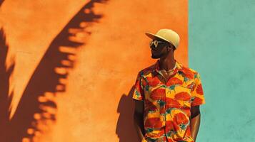 Bright urban fashion statement in tropical-inspired attire against colorful wall during sunny day photo