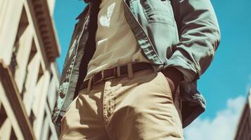 Casual urban fashion with confident stance under clear blue sky in a city environment photo
