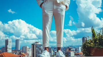 Stylish individual posing against a city skyline with vibrant clouds on a sunny day photo