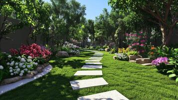 Beautiful lush garden path with vibrant flowers and greenery under clear blue sky photo