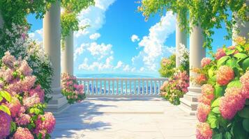 Beautiful garden terrace with blooming flowers and a stunning ocean view under a bright blue sky photo