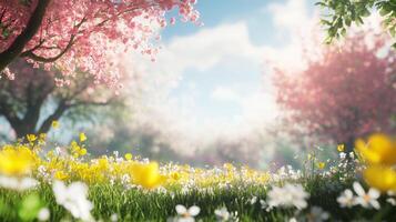 Blooming spring garden filled with colorful flowers under a bright blue sky photo