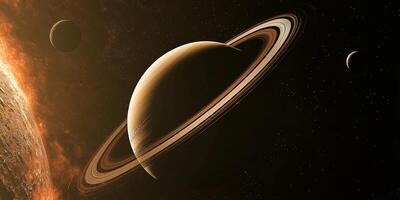 Saturn with stunning rings and surrounding celestial bodies captured in space photo