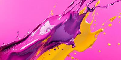 Vibrant splashes of purple and yellow paint create an abstract design against a bright pink background photo