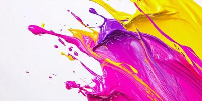 Vibrant splashes of purple and yellow paint create an abstract artwork in a dynamic display of color photo