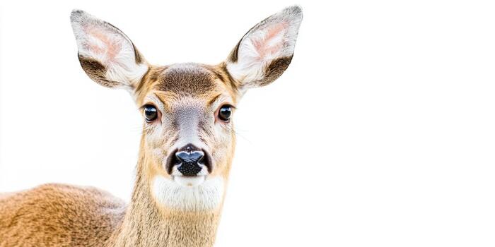 Close-up view of a young deer with soft fur and alert expression against a bright background photo