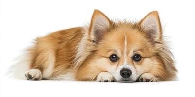 Cute corgi puppy relaxing on a white background in a cozy indoor setting during the afternoon photo