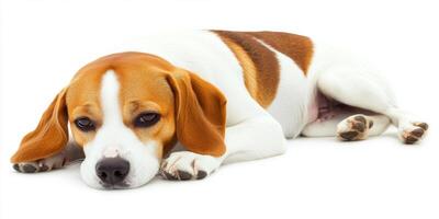 Cute beagle lying down quietly on a white background during a calm afternoon photo