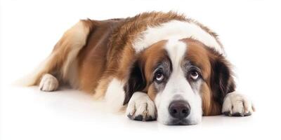 Large dog resting on a white surface with a thoughtful expression during daylight hours photo