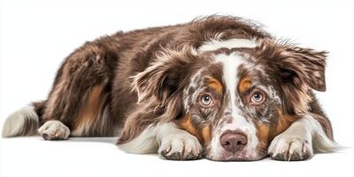 Brown and white dog with expressive eyes lying down calmly indoors on a bright, clean surface photo