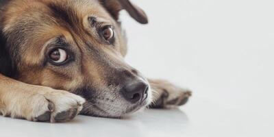 Dog resting with a contemplative expression in a calm indoor setting during daylight hours photo