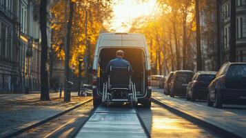 Man in wheelchair boarding van on a sunny autumn day in a city street lined with trees photo