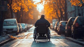 Wheelchair user navigating a sunlit autumn street lined with trees and parked cars in the late afternoon photo