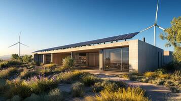 Modern sustainable house in a desert landscape with solar panels and wind turbines at sunset photo