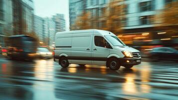 White delivery van speeding through rainy city street during evening rush hour photo