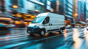 Delivery van speeds through busy city streets during a rainy evening photo