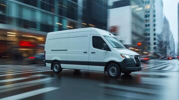 Delivery van navigates through a busy city street during a rainy day in an urban environment photo