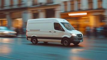 Delivery van navigates urban streets during the late afternoon rush hour in a bustling city photo