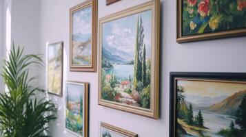 Elegant art pieces displayed on a gallery wall with a serene lake view and lush landscapes during daylight photo