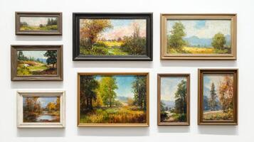 Artistic display of multiple landscape paintings showcasing seasonal changes in colors and environments at an exhibition photo