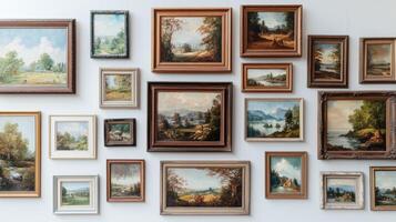 Gallery wall displaying a collection of landscape paintings in various frames during daylight hours photo
