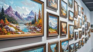 Gallery showcasing vibrant landscape paintings with mountains and rivers during autumn season photo