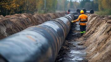 Worker installing a large pipeline in a trench during the day in a rural area photo
